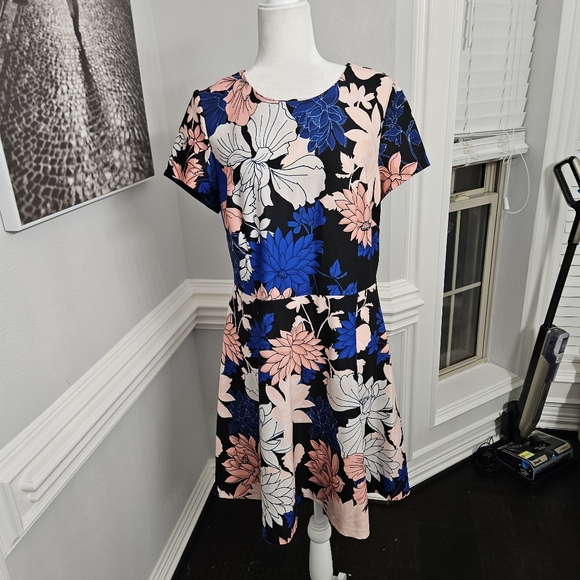 ELIZA J Floral Peach  FIT & FLARE NAVY Pink Peonies  DRESS sz 14 - Picture 1 of 7